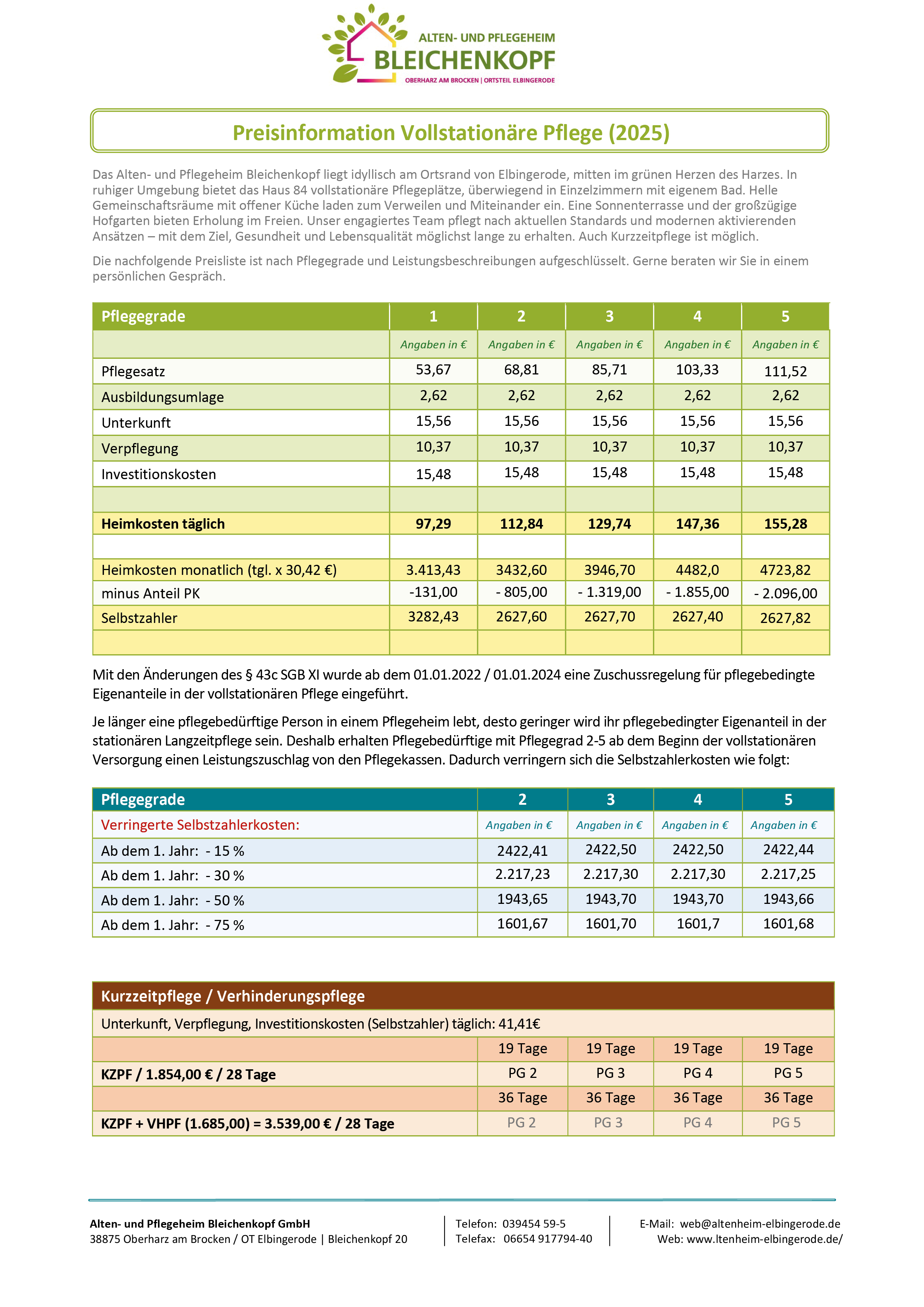 Preisliste Alten- und Pflegeheim Bleichenkopf