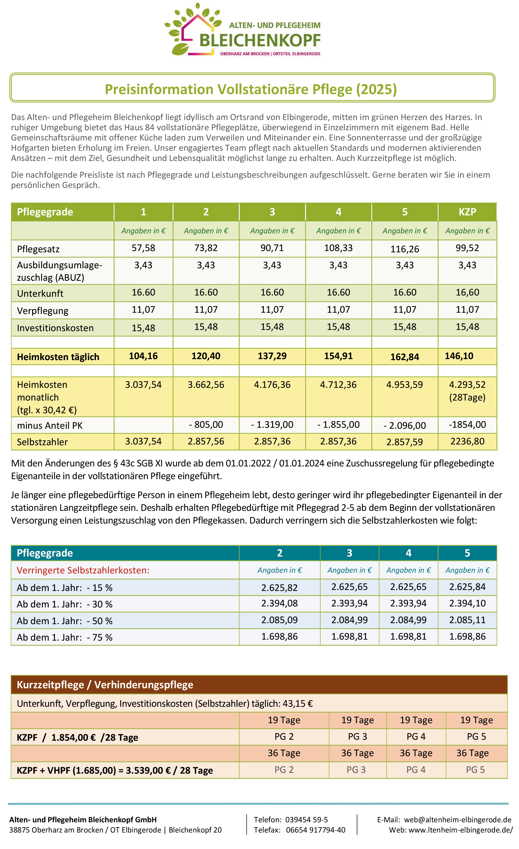 Preisliste Alten- und Pflegeheim Bleichenkopf